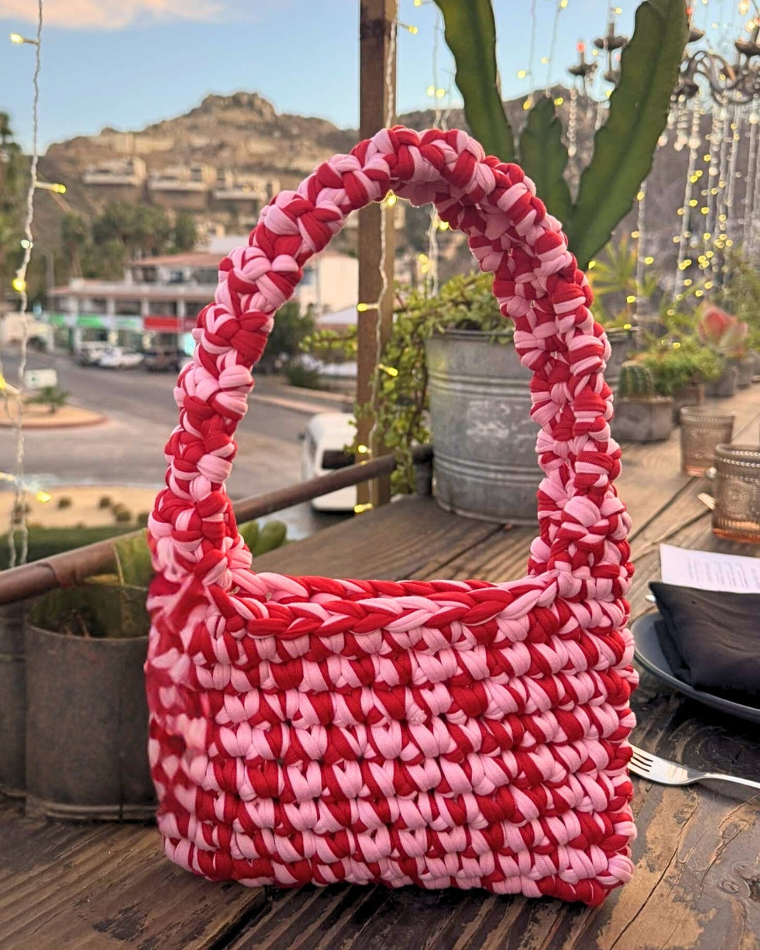 Red and pink Claudia crochet bag 